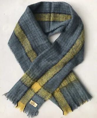 Netherdale Mohair & Wool Scarf Made In Scotland Blue-Gray Yellow Plaid 18” X 68” • $24