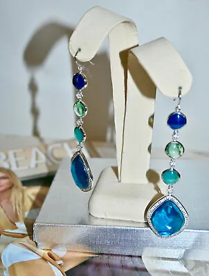 NIB $495 MIRIAM SALAT Long Dangler Earrings Blue Lagoon Ocean CZ Crystal Nugget • $212.70