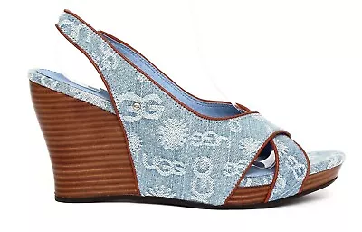 Display Womens Size 7 Light Blue Ugg Hazel Denim Wedge Slingback Sandals 1000581 • $39.95