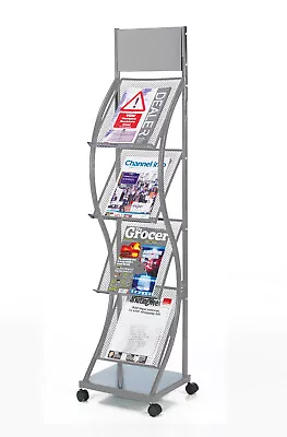 Silver 4 Shelf – Tall Freestanding Curved Leaflet Dispenser - Castors 140cm High • £94