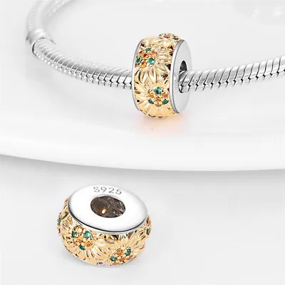18k Gold Sunflower Charm Bead Spacer Crystal Charm 925 Sterling Silver • £13.99