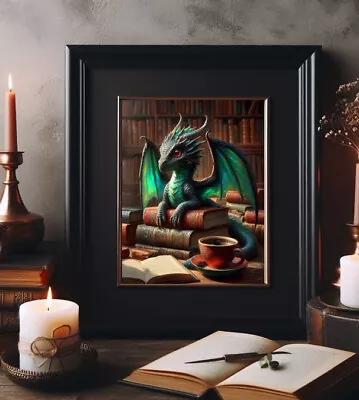 Green Baby Library Dragon Coffee Books  Fantasy Vintage Painting Print Wall Art • $7.99