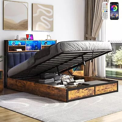 Queen Size LED Platform Wood Lift Up Storage Bed Frame With Charging Station • $294.49