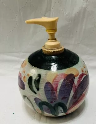 VTG Stoneware Pottery Hand Soap Dispenser Grey Blue Red Purple Round Cork Top • $13.99