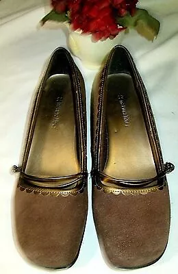 Naturalizer Brown Suede Mary-Jane Flats Low Wedge Heel  With Bronze Trim 7M * • $16.50