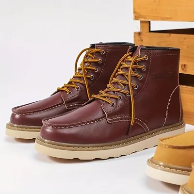 Men's High Top Leather Shoes Casual Lace Up Comfy Stylish Work Boots Outdoor • £38.39