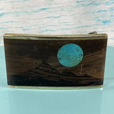 Vintage Sky West Belt Buckle Brass Wood Turquoise Rising Moon Inlay Wood • $50