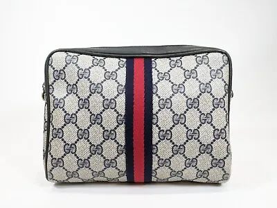 Vintage Gucci GG Supreme Sherry Line Clutch Bag Second Bag Navy PVC Leather • $170.99