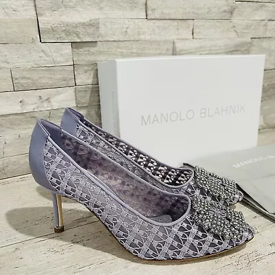 NEW Manolo Blahnik Size 38 Lace Hangisi 70MM Pumps Heels Periwinkle $1295 • $795