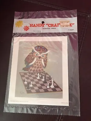 Vintage 1973 HANDY CRAFT-PAK Owl Playing Chess K CHIN Decorative PRINT In Packag • $8.50