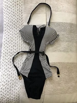 $99.99 • Buy Rosa Cha Studio Monokini One Piece Black And White Striped Swimsuit SMALL