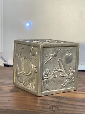 Leonard 3  ABC Building Block Cube Coin Bank Silver Plate Metal Vintage • $9.99