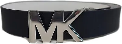MICHAEL KORS Womens Leather Mk Logo Reverse Black White Belt Silver Buckle M $68 • $39.98