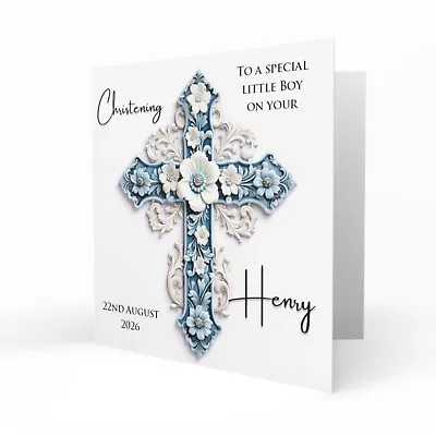 Personalised Christening Card For Boys Baptism Naming Day Blue Ornate Cross • £3.79