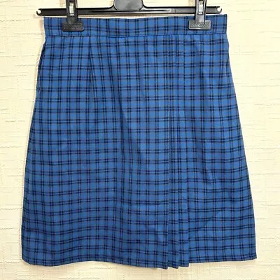 Girls Women Front Pleated Skirts Ladies Zip Plain School Skirt Blue Tartan Check • £8.99
