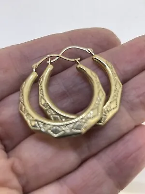 Vintage 10K Real Gold Dotted Hexagon Curved Round Creole Hoop Earrings 21MM • $199