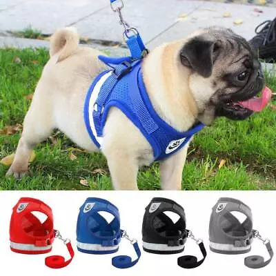 Pet Dog Cat Puppy Harness Lead Leash Reflective Breathable Soft Mesh Vest Set UK • £7.35