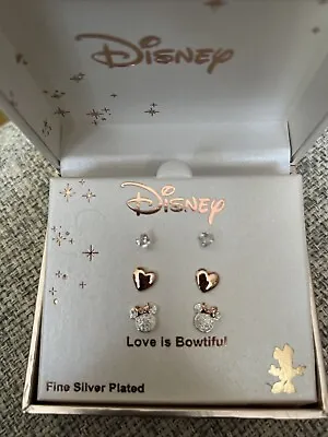 DISNEY Silver Plated Rose Gold MINNIE MOUSE 3 EARRING Set  Love Is BOWTIFUL  NIB • $21.24