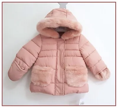 Baby Girls Pink Hooded Winter Coat Padded Velour Lined Jacket 3-6 Months NEW • £12.99