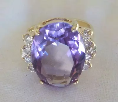 Large 14K Yellow Gold Purple Amethyst Diamond Ring - 5.65 Gms Sz 7 6.82 Ctw • $318