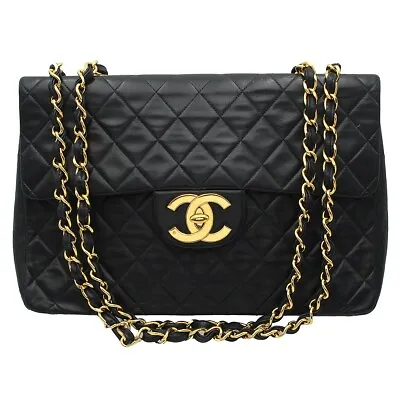 CHANEL Leather Quilted Turnlock Jumbo Single Flap XL Chain Shoulder Bag D2282 • $2930