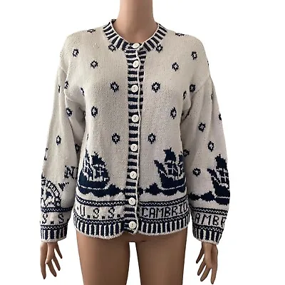 $35 • Buy Vintage Cambridge Dry Goods Sweater Cardigan Womens White Blue Navel Ship