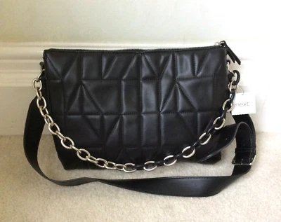£15 • Buy NEXT LARGE SHOULDER BAG BLACK & DECORATIVE STITCHING METAL CHAIN 34x25cm BNWT