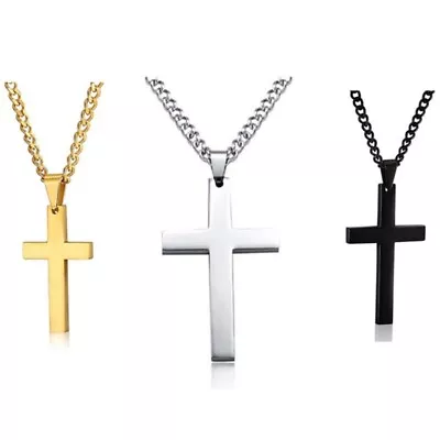 Mens Women Chain Necklace Black Cross Stainless Steel Pendant Crucifix Jesus UK • £3.49