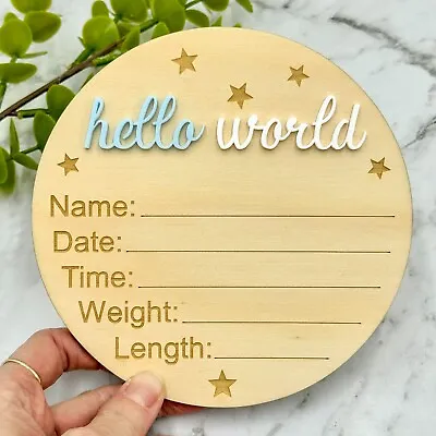 Birth Announcement Plaque | Hello World Newborn Sign | Baby Announcement Plaque • $25