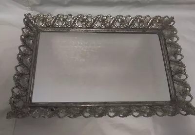 Vintage Filigree Footed Mirror Vanity Tray Perfume Make Up 10.25 X15.5  *READ • $26.59