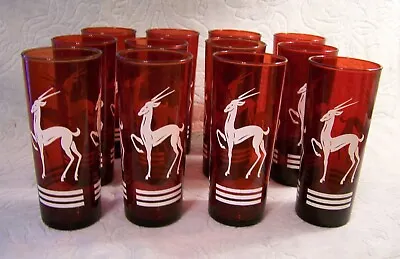 Hazel Atlas Anchor Hocking Vintage Deco Red Drinking Glasses 12 Gazelle Antelope • $249.99