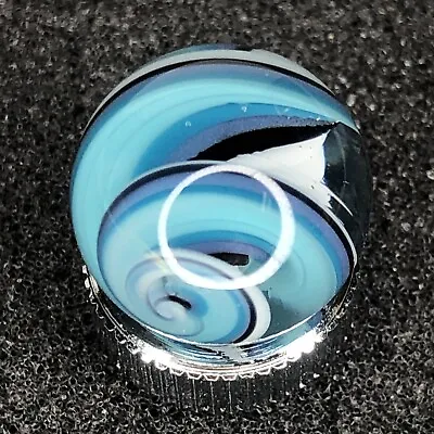 Handmade Boro Art Glass Marble Contemporary .65  White Blue Swirl MIB Hider Gift • $14.99