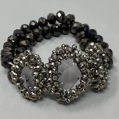VTG Statement Bracelet Silver Crystal Bead Aurora Borealis Stretch Multi Strand • $12.28