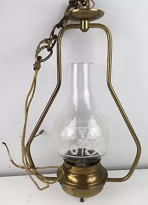 Vintage Electric Brass 16.5”  Hanging Ceiling Fixture With Chain & Glass Chimney • $59.99