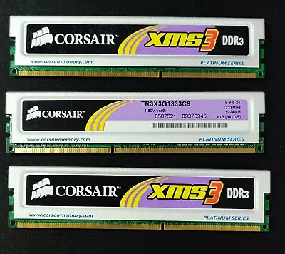 🌻 Genuine  Corsair TR3X3G1333C9 XMS3 – 3GB Triple Channel DDR3 Memory Kit Used • £28.88