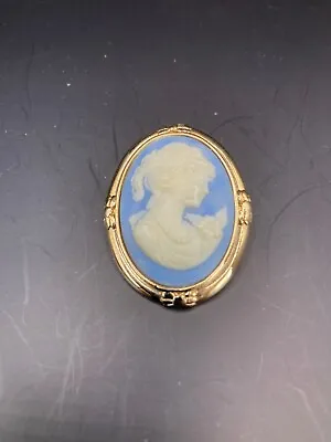 Resin Cameo Brooch With Blue Background In Gold Tone Setting • £10