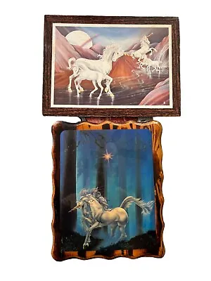 Vintage 1980s Sue Dawe Ferraro Unicorn Laquered Wood Wall Picture Fantasy Art 2 • $20