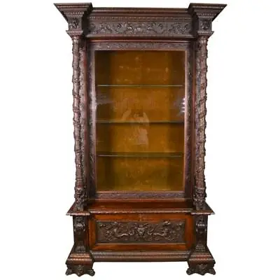 Antique Excessive Carved Multiple Bodies And Faces Walnut China Closet #21766 • $3250