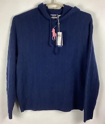 Polo Ralph Lauren Unisex Pink Pony Cable Cashmere Hooded Sweater Navy Sz XXL New • $230