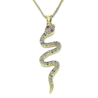 9ct Gold GF  Snake  Pendant  Chain Necklace Red Ruby  Clear Stone  JS169 • £28.99