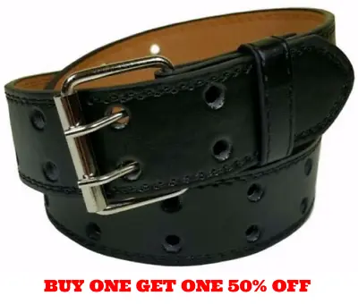 Men's Women's Genuine Leather Two Prong Double Row Holes Casual Plain Black Belt • $7.95