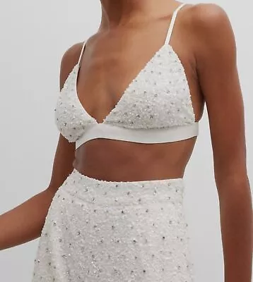 $159 Retrofete Women's White Pia Crystal Stud Sequin Bralette Top Size Small • $51.18