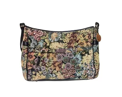 SAS Vintage Floral Needlepoint Tapestry Black Leather Shoulder Handbag • $30