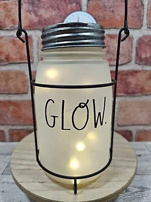 Rae Dunn GLOW Lighted  Accent Frosted Glass Mason Jar In Handled Carrier • $23.95