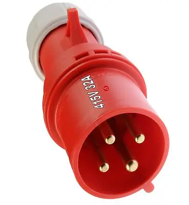 415v 32A 4 Pin Plug Connector Red Workshop Site 3 Phase 32 Amp IP44 Trailing NEW • £12.99