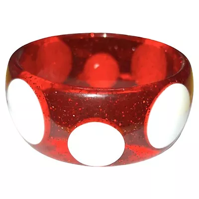 Vintage Chunky Lucite Bangle Bracelet Encased Glitter Effect Bright Red White PD • $14