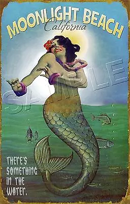 MERMAID In The MOONLIGHT Sea Nymph Ocean BEACH Vintage POSTER *CANVAS* Art PRINT • $29.60