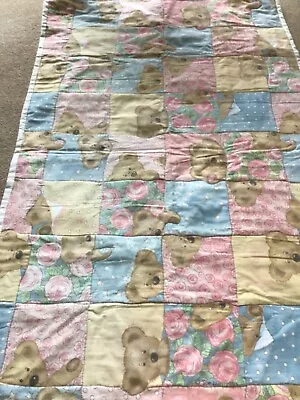 Handmade Baby Nursery Pastel Patchwork Teddy Quilt Bed Cover. Blanket. 33” X 60” • £14.90