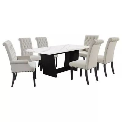 7 Pc White Marble Dining Table Sand Velvet Chairs Dining Room Furniture Set • $1499