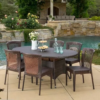 Perry Outdoor 7pc Multibrown Wicker Round Dining Set • $1303